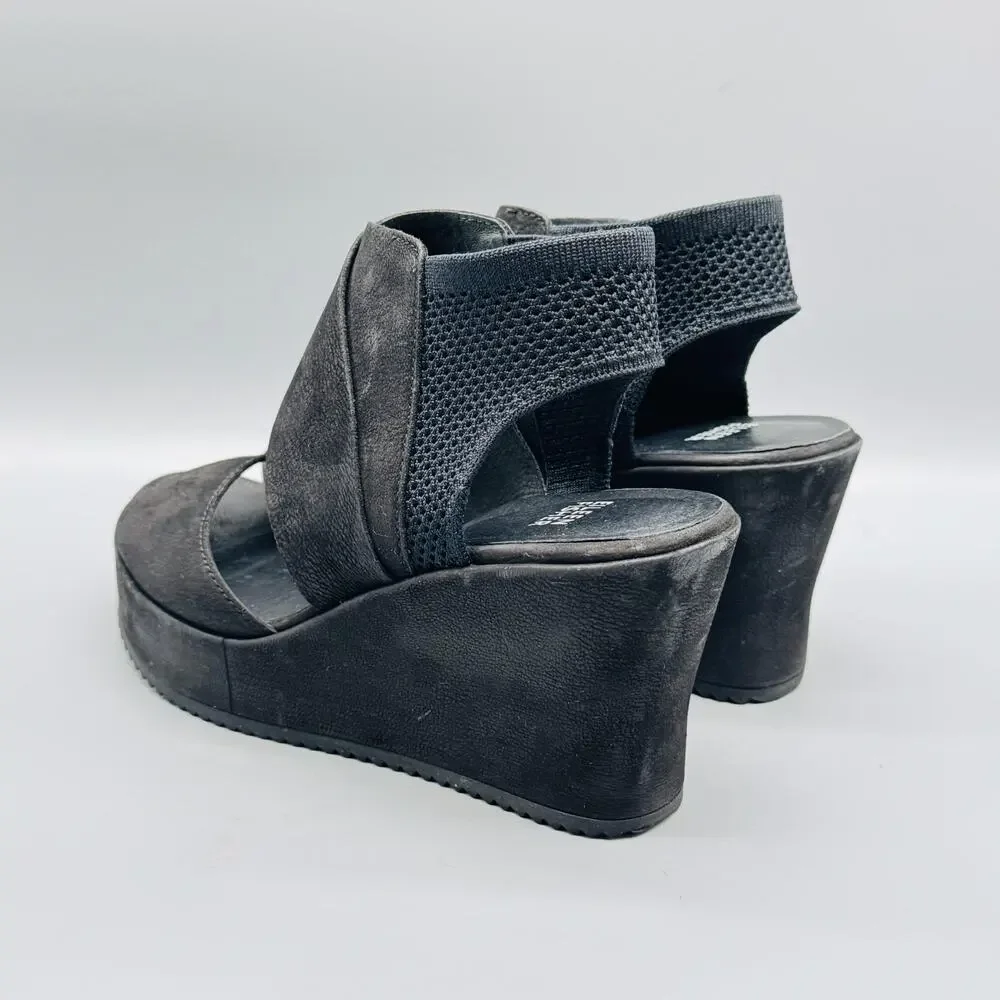 Eileen Fisher Sandals Women 8.5 Black Nubuck Strappy Wedge Platform Knit Ankle